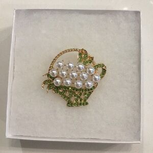 Elegant Flower Basket Brooch Pin with Faux Pearls and Green Rhinestones